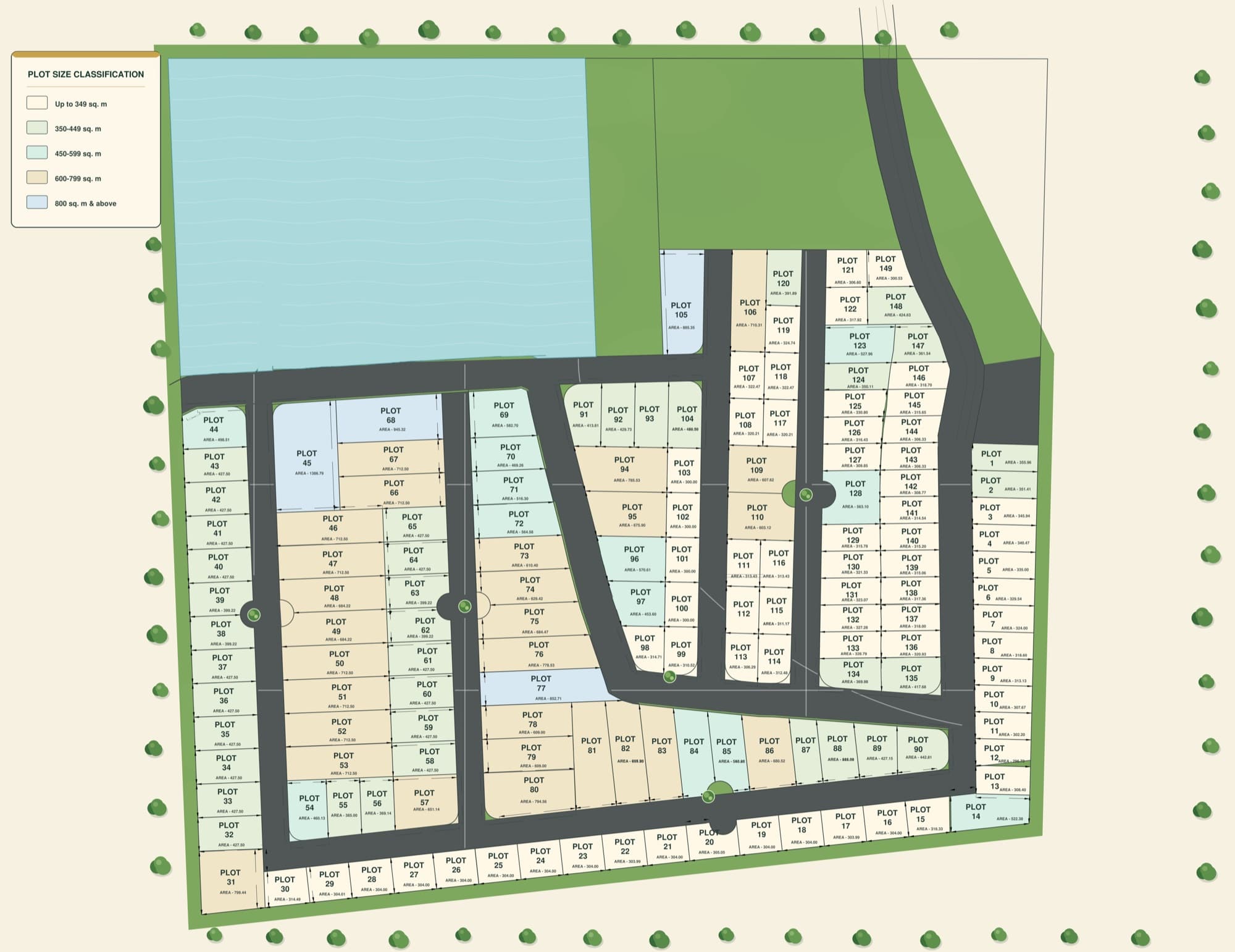 Master plan of Varchaswaa's Lake & Hills showing 149 numbered plots arranged around internal roads, with the lake along the northern edge.